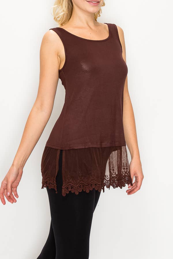 Side view of the brown lace-hem tank