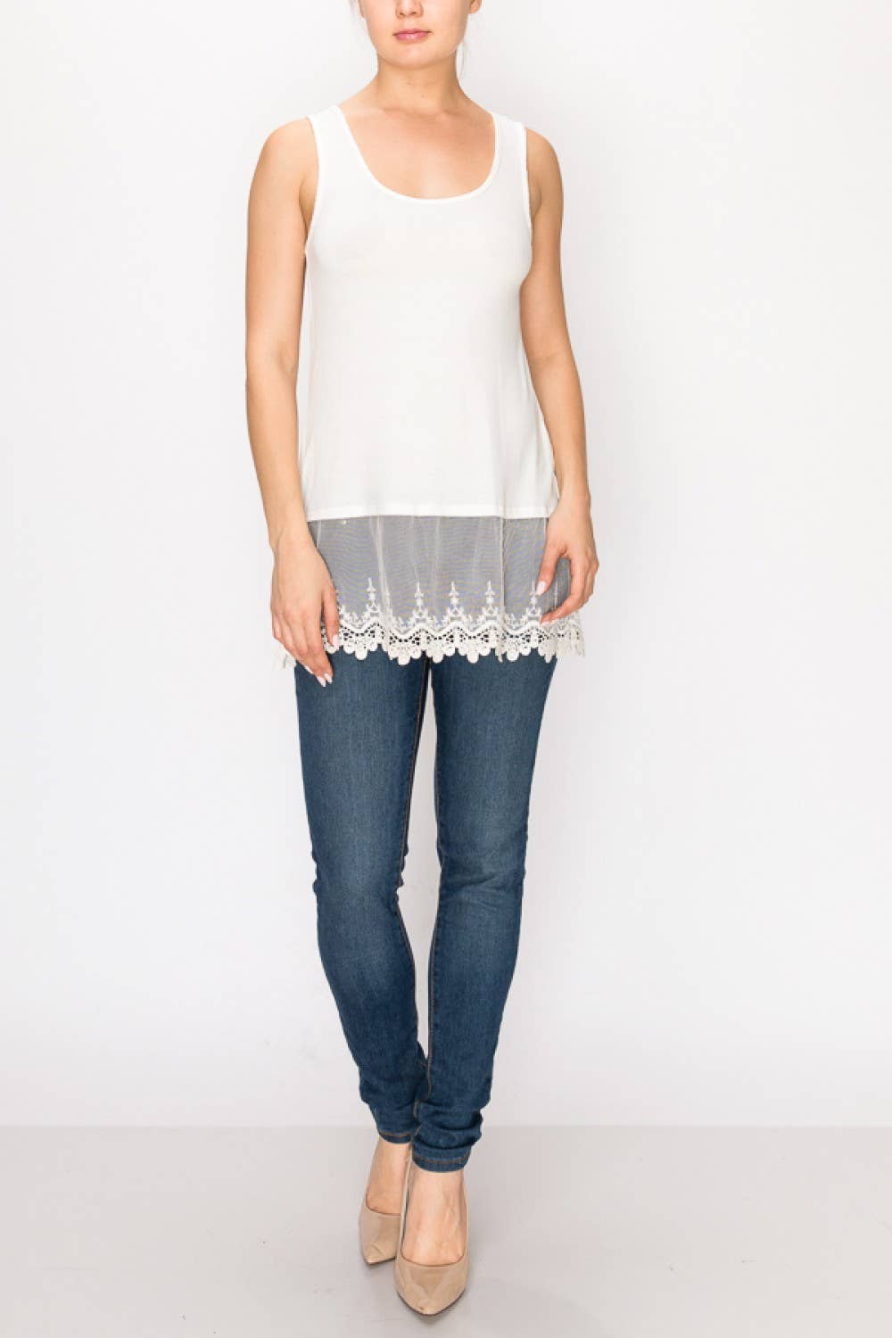 Ivory floral lace hem tank on a model, front view