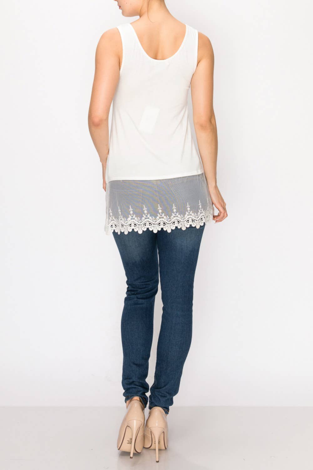 Back view of the ivory floral lace hem tank