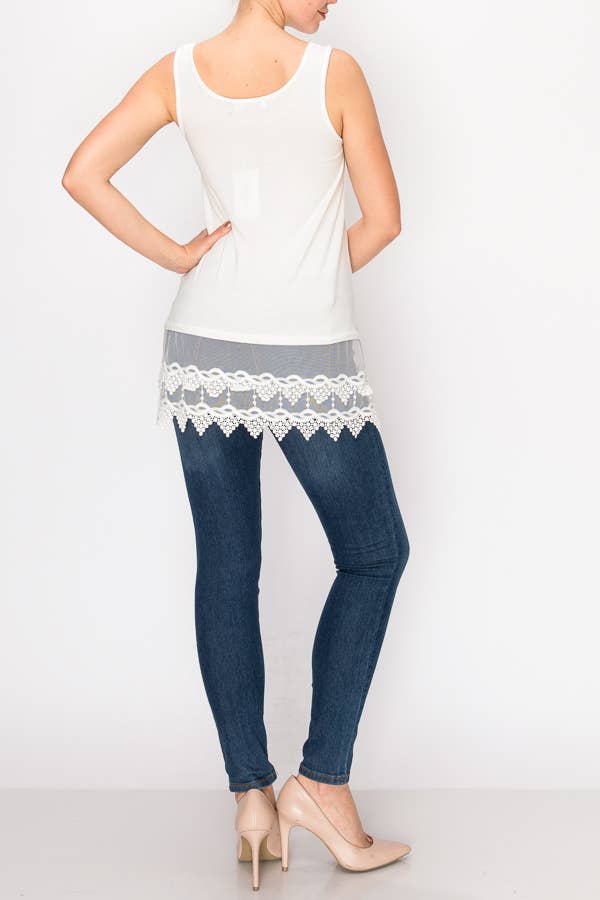 Front view of the ivory relaxed tank with floral lace hem