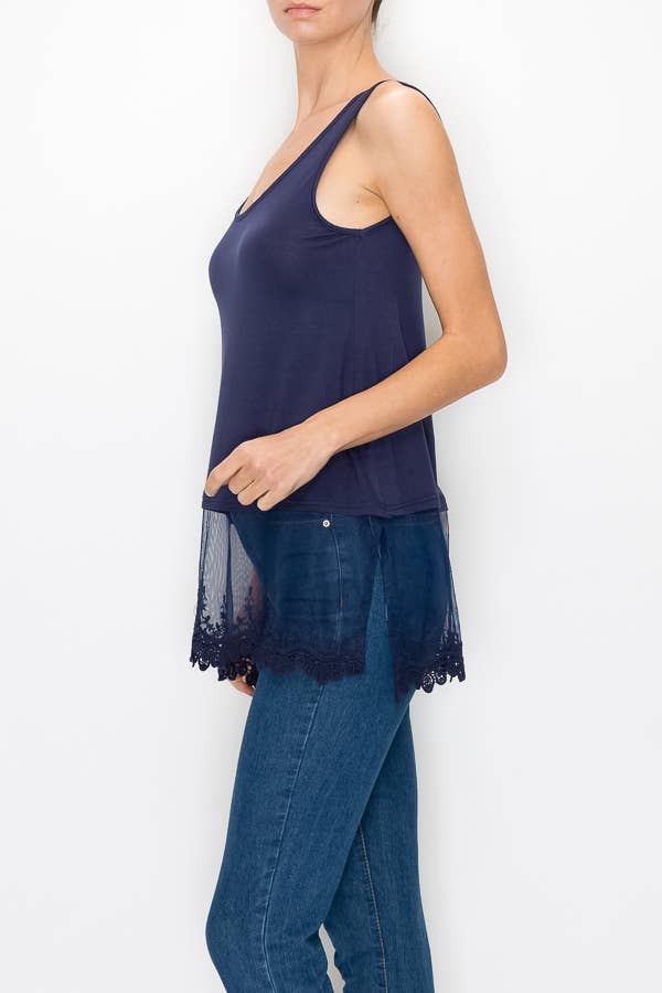 Side view of the navy lace hem tank