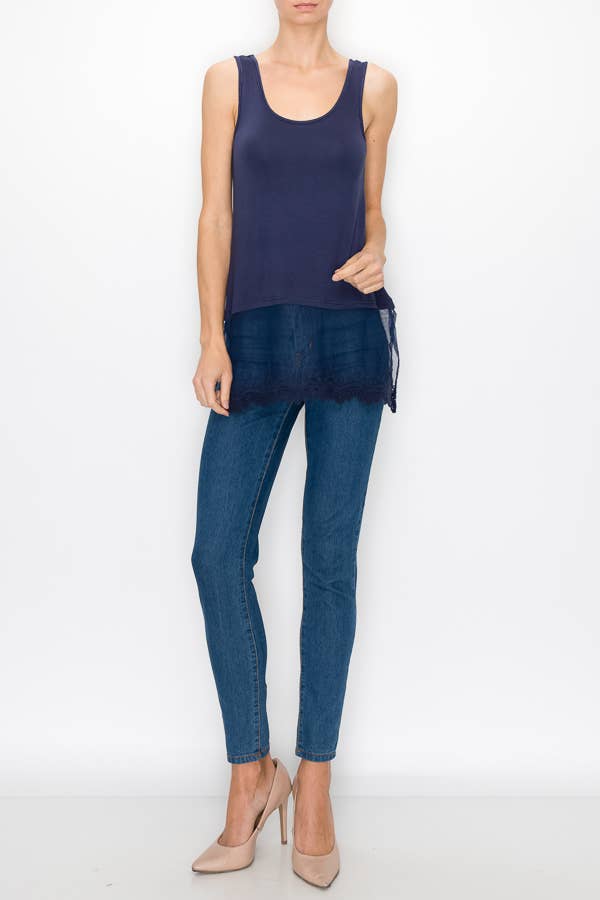 Front view of the navy relaxed tank with floral lace hem