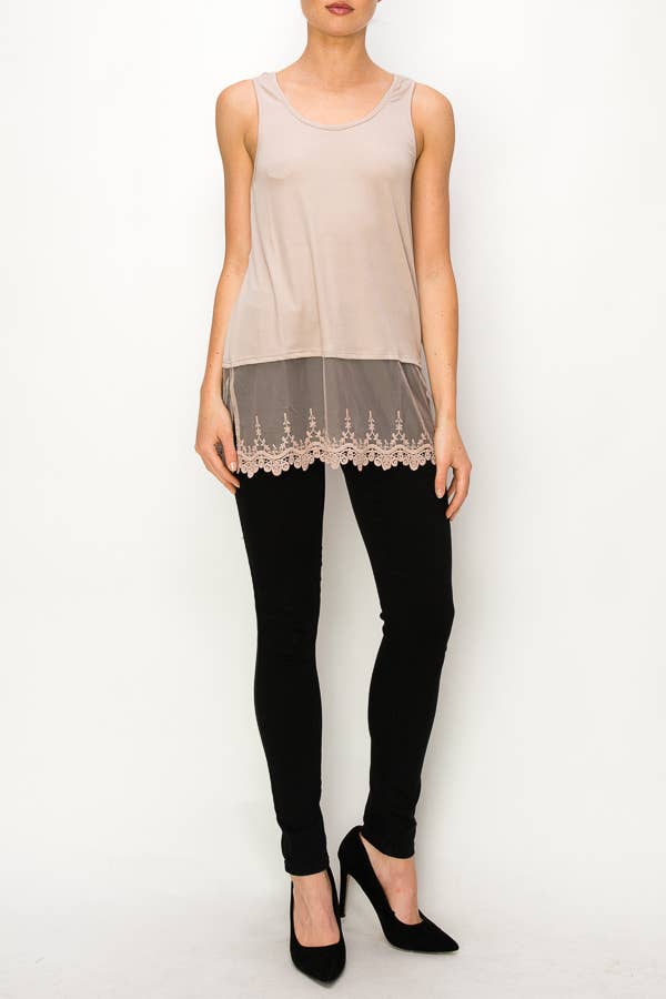 Taupe relaxed tank with sheer floral lace hem, full front view