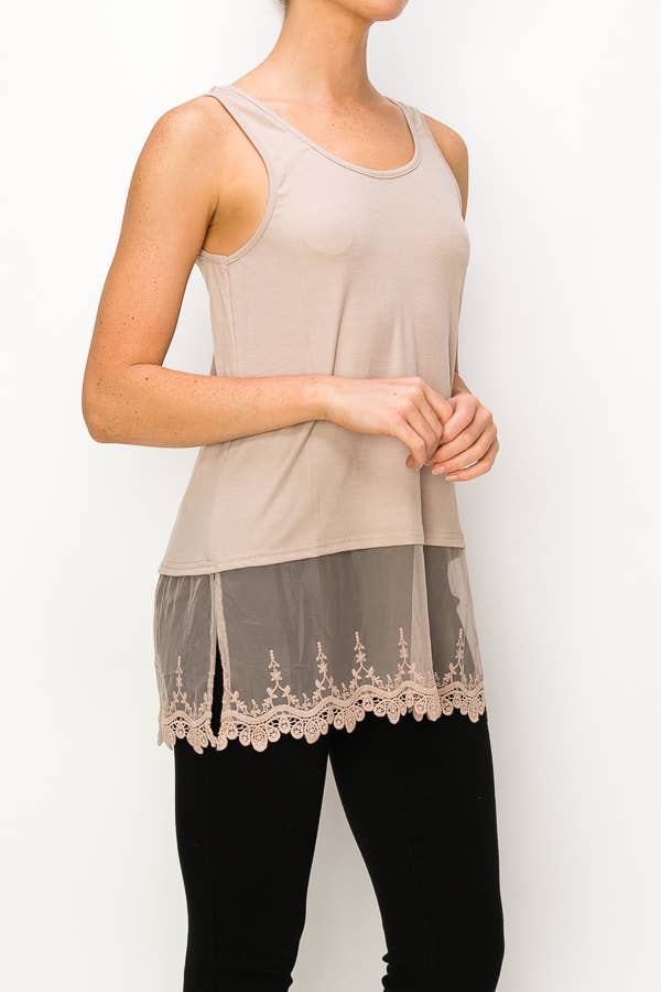 Side view showing the lace hem and side slit