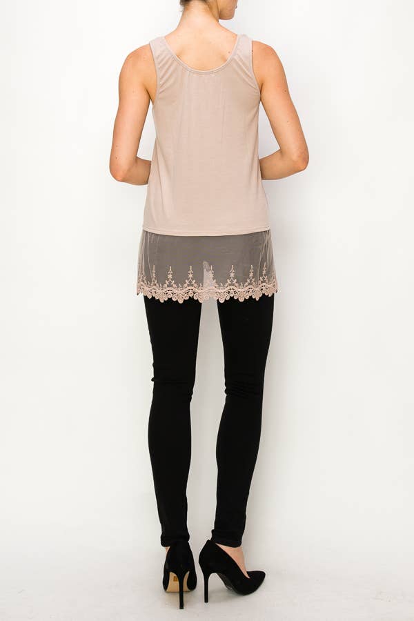 Back view of the taupe lace-hem tank