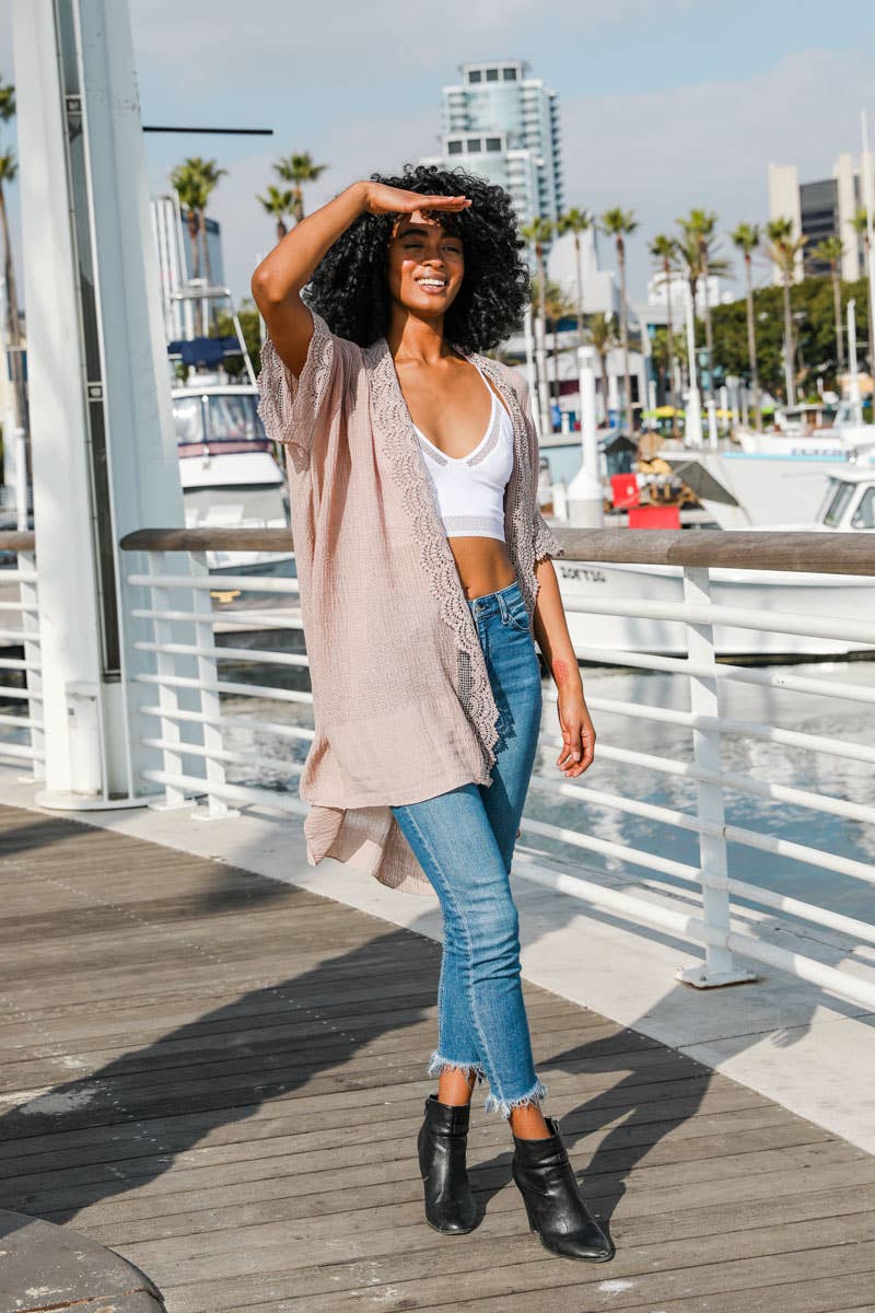 Scallop Lace Textured Kimono - Mocha, polyester lace