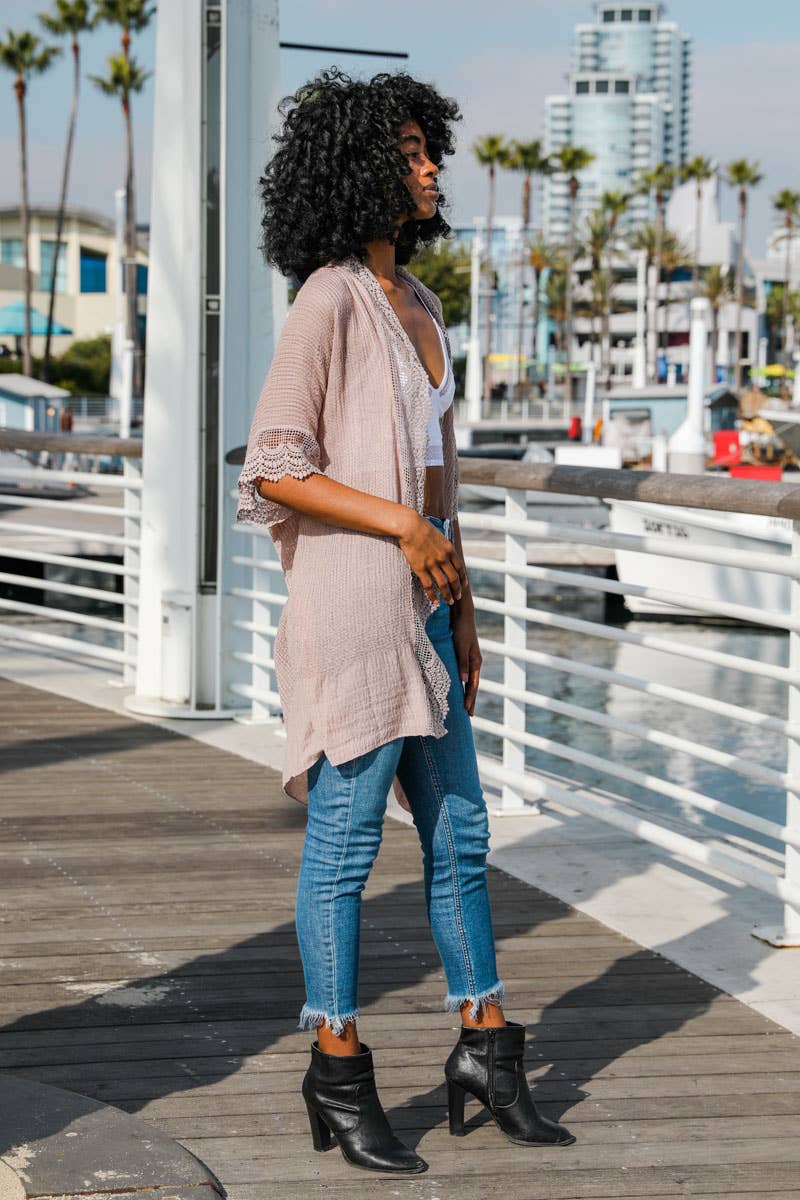 Scallop Lace Textured Kimono - Mocha, polyester lace, photo 2 of 3