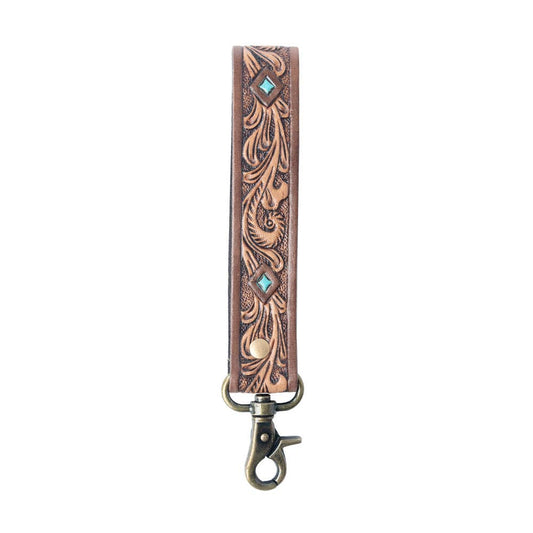 Spirit Stone Hand-Tooled Leather Keyfob - Mahogany Brown