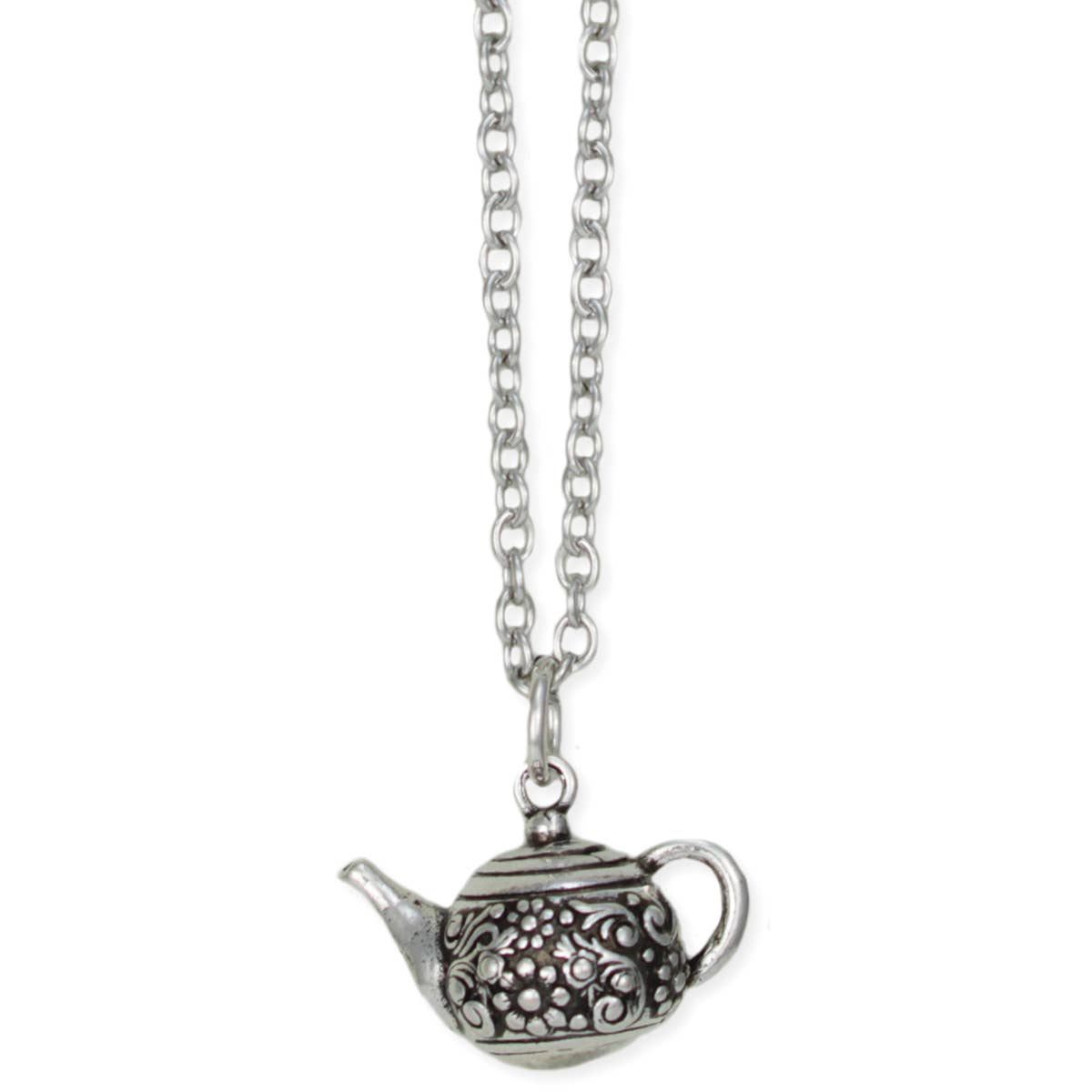Silver tone teapot pendant on its link chain against a white background