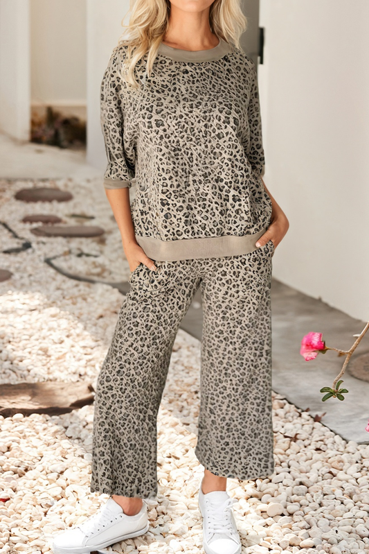 Leopard Puff Sleeve Pullover & Wide Leg Pant Set