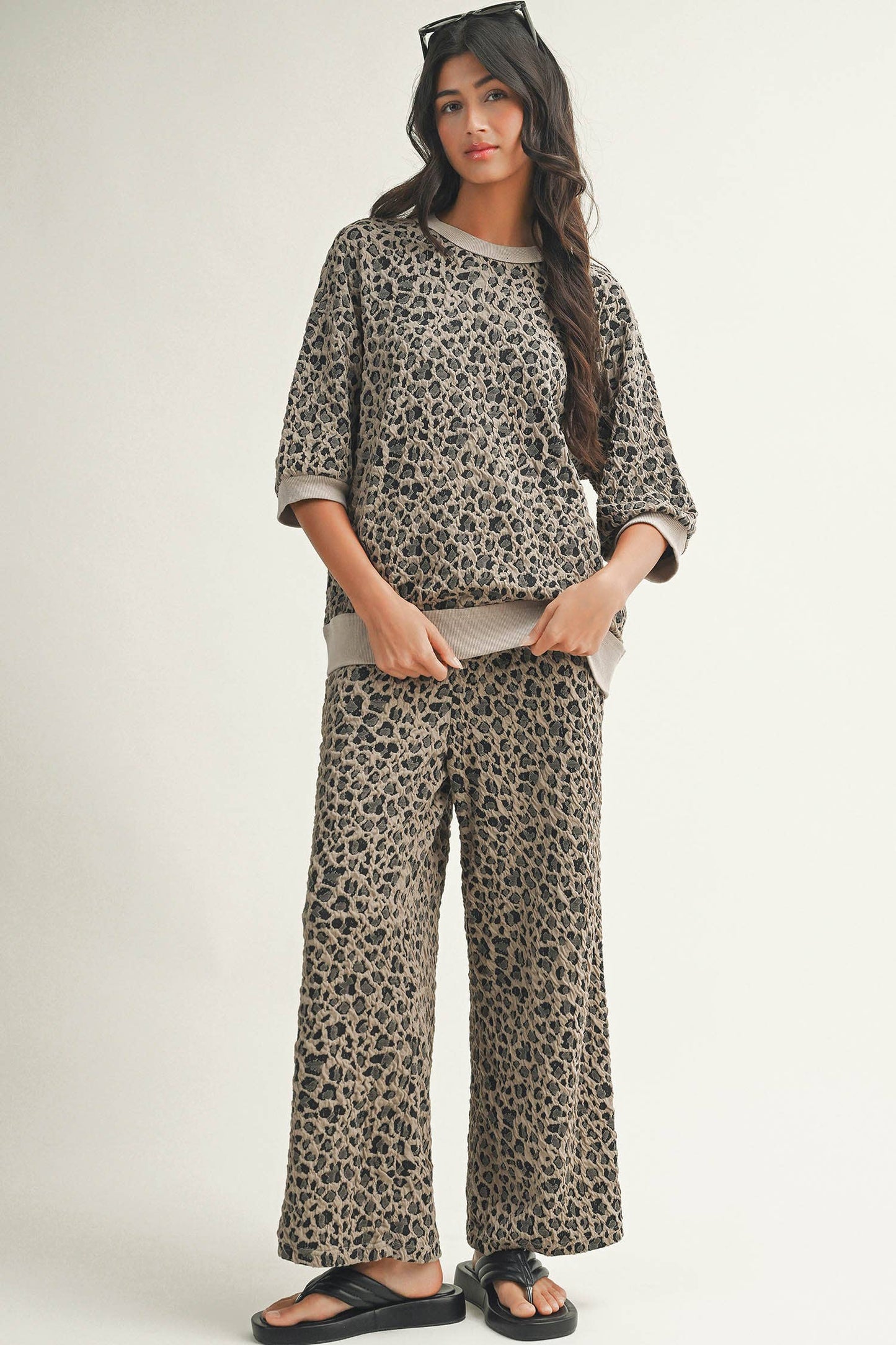 Leopard Puff Sleeve Pullover & Wide Leg Pant Set, photo 3 of 7