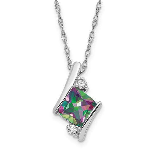 Cushion-cut mystic fire topaz pendant with diamond accent in sterling silver on a chain