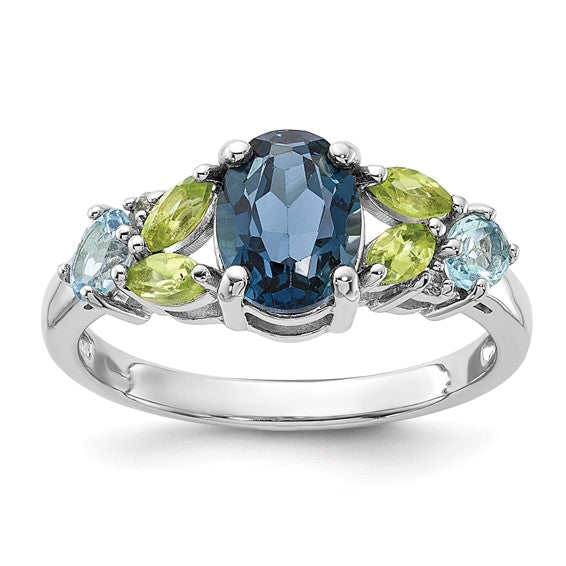 Sterling silver rhodium-plated ring with London and light Swiss blue topaz, white topaz, and peridot, size 7