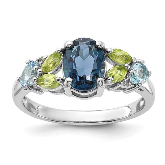 Sterling silver rhodium-plated ring with London and light Swiss blue topaz, white topaz, and peridot, size 7