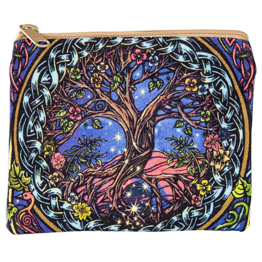 Zip coin purse printed with a tree of life in a stained glass style, its branches broken into panes of blue, violet, pink and gold