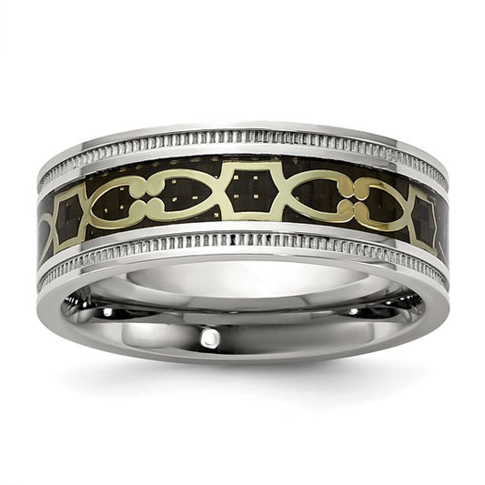 8 mm stainless steel band with a black ion-plated center channel, raised scroll pattern and milgrain edges