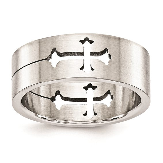 8 mm brushed stainless steel band with a cross cut through the metal, shown in profile