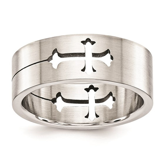8 mm brushed stainless steel band with a cross cut through the metal, shown in profile