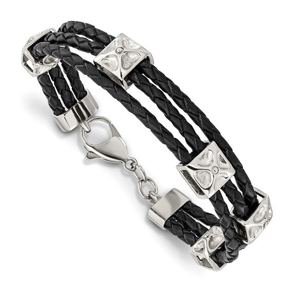 Stainless Steel & Black Leather Bracelet - 8.5"