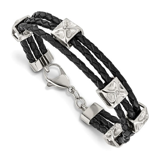 Stainless Steel & Black Leather Bracelet - 8.5"