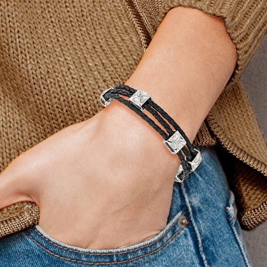 Stainless Steel & Black Leather Bracelet - 8.5", photo 2 of 2