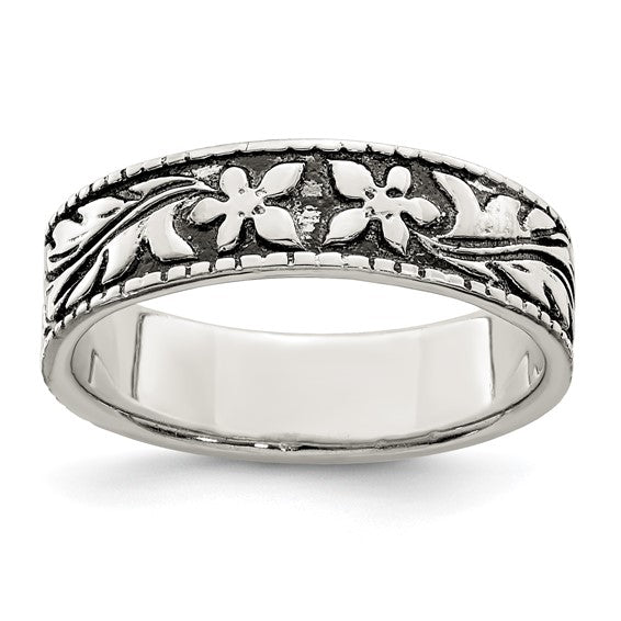 Sterling Silver Antiqued Floral Ring - Size 8