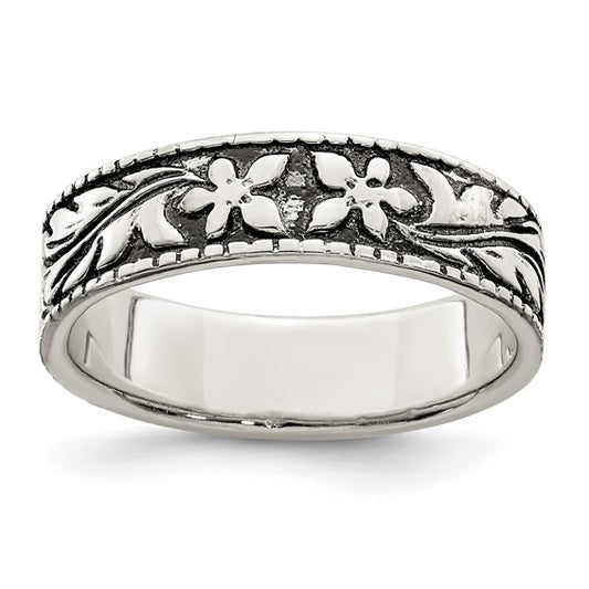 Sterling Silver Antiqued Floral Ring - Size 8