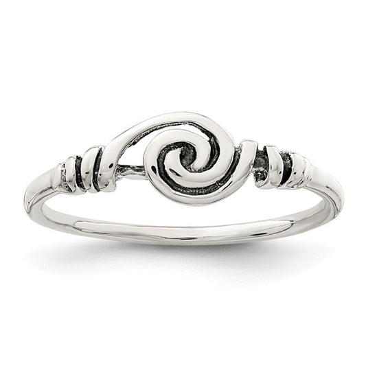 Thin sterling silver ring with a small antiqued spiral swirl at the center, size 6