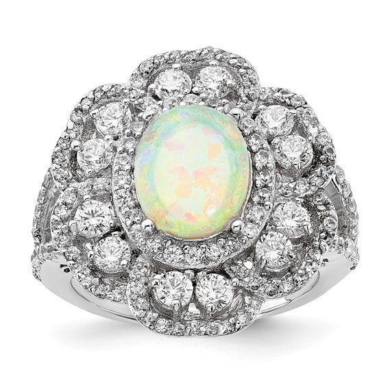 Sterling silver lab-created opal and cubic zirconia ring, size 7 (view 1)