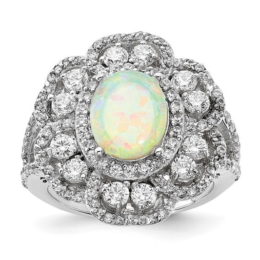 Sterling silver lab-created opal and cubic zirconia ring, size 7 (view 1)