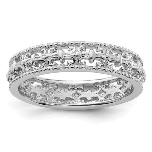 Polished sterling silver band with a row of openwork fleur de lis between milgrain edges, size 9