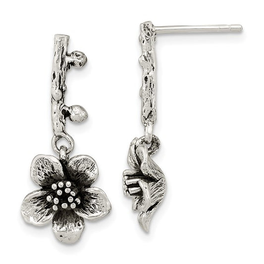 Sterling Silver Oxidized Flower & Branch Dangle Earrings
