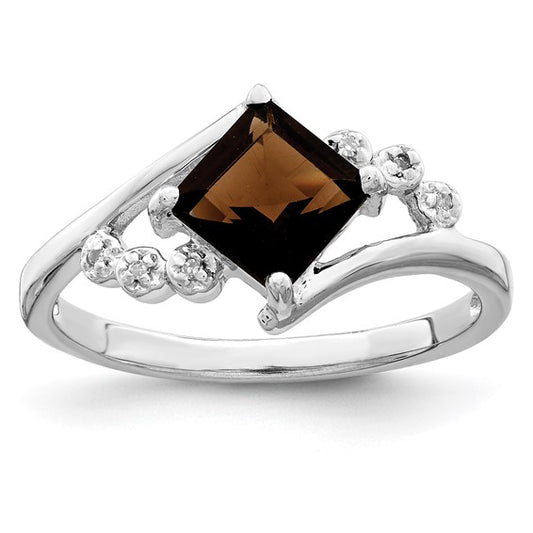 Sterling Silver Princess-cut Smoky Quartz and Diamond Ring size 8