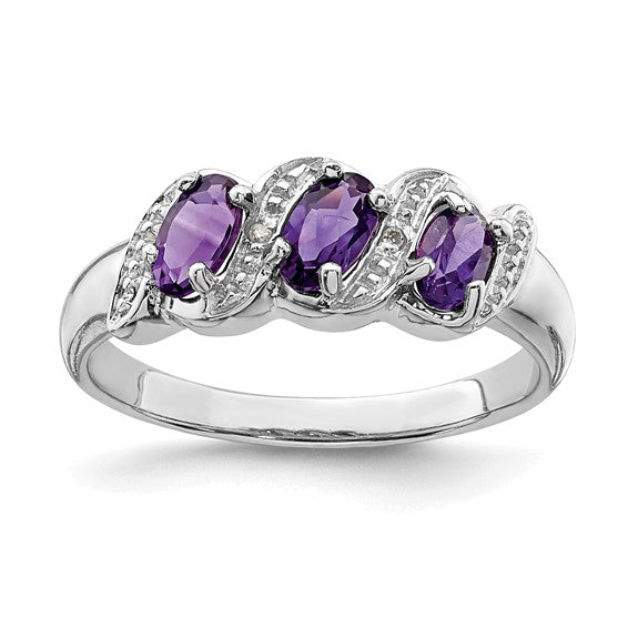 Sterling Silver Rhodium Amethyst and Diamond Ring size 8
