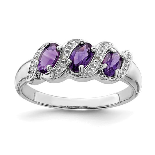 Sterling Silver Rhodium Amethyst and Diamond Ring size 8