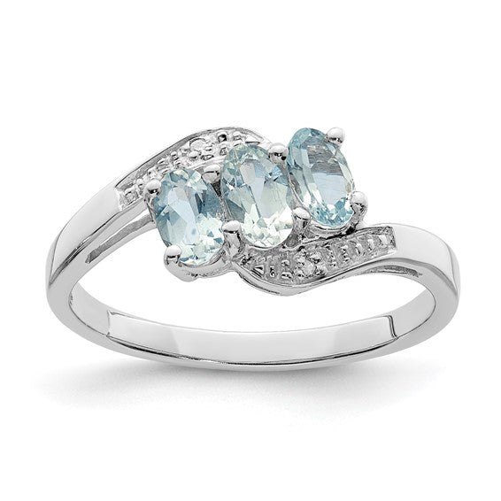 Sterling Silver Rhodium Aquamarine and Diamond Ring Size 8