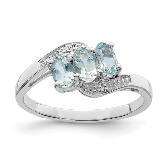 Sterling Silver Rhodium Aquamarine and Diamond Ring Size 8