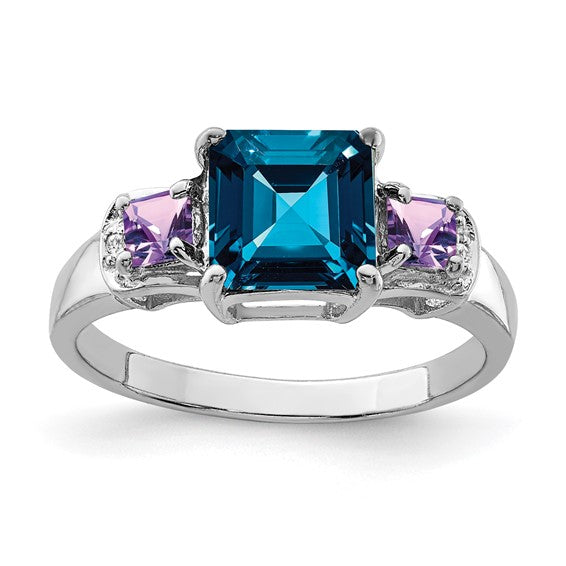 London Blue Topaz, Amethyst & Diamond Sterling Silver Ring - Size 7