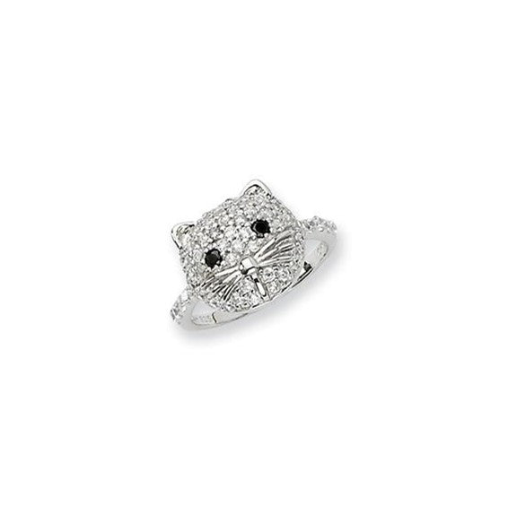 Sterling silver rhodium-plated cat face ring with black and white cubic zirconia