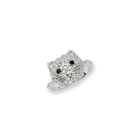 Sterling silver rhodium-plated cat face ring with black and white cubic zirconia
