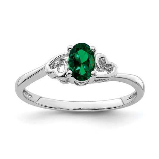 Created Emerald Sterling Silver Ring - Size 7, rhodium plated