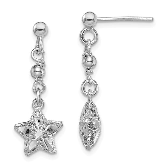 Sterling Silver Rhodium-plated D/C Mesh Star Dangle Post Earrings