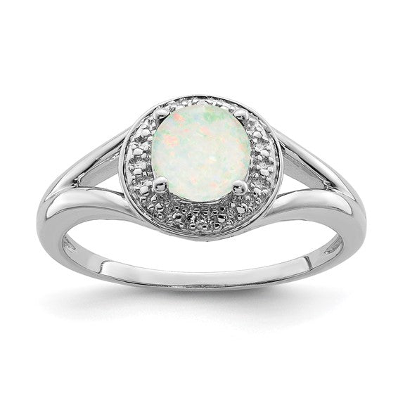 Sterling silver rhodium-plated diamond and created opal ring, size 7