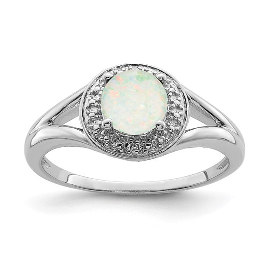 Sterling silver rhodium-plated diamond and created opal ring, size 7