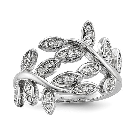 Sterling silver rhodium-plated leaf design cubic zirconia ring, size 8
