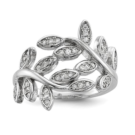Sterling silver rhodium-plated leaf design cubic zirconia ring, size 8
