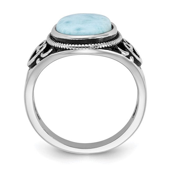 Angled view of the sterling silver band and bezel-set larimar stone