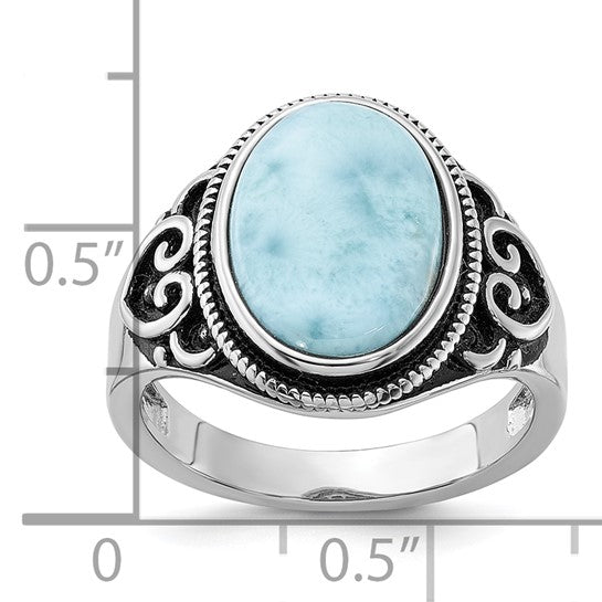 Larimar sterling silver ring shown with half-inch scale reference