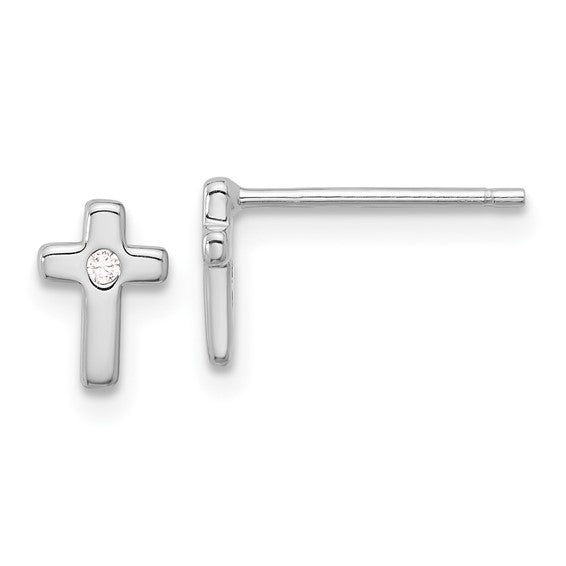Sterling Silver CZ Cross Stud Earrings, rhodium-plated