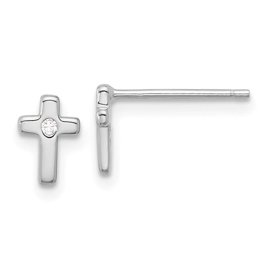 Sterling Silver CZ Cross Stud Earrings, rhodium-plated